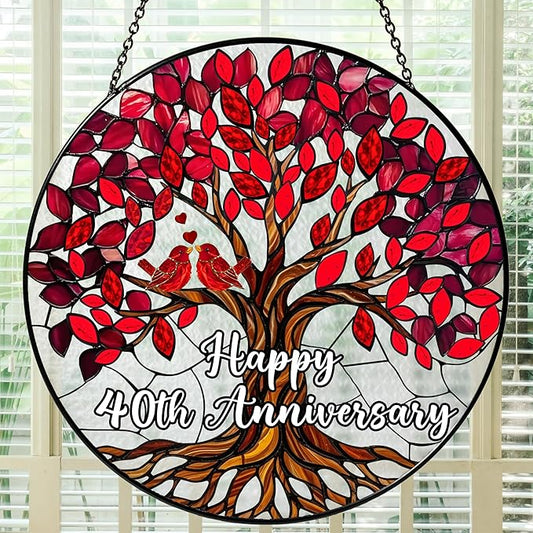 40th Wedding Anniversary Stained Glass Suncatcher, Ruby Anniversary Wedding Gifts, 6x6' Window Hanging for Couple, Wife, Husband, Parents – Unique 40th Anniversary Decorations Gifts