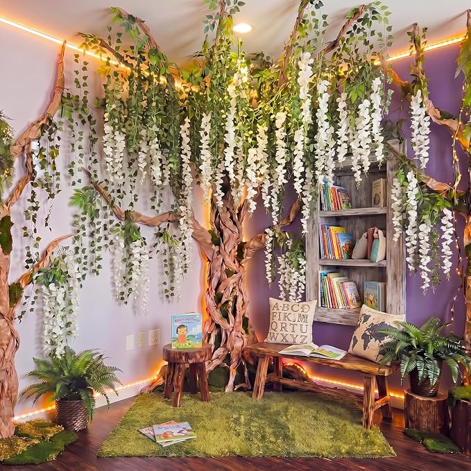 Bucherry Enchanted Decorations Set, Artificial Hanging White Wisteria Vines Greenery for Classroom, Wisteria Flower Ceiling Fairy Party Indoor Outdoor Home Garden DIY Decor