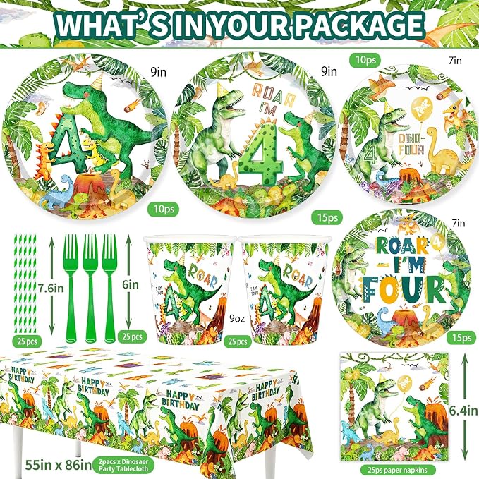 Roar I’m Four Dinosaur 4th Birthday Party Supplies Decorations for Boys Jungle T-rex 4 Rex Tableware Pre-Strung Banners Garland Honeycomb Centerpieces Talbelcoth Hanging Swirls Cupcake Topper Serve 25