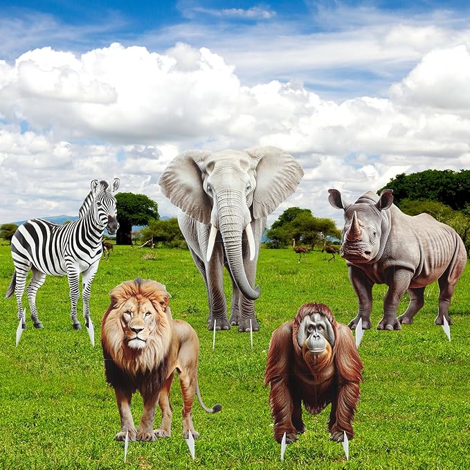 Leinuosen 5 Pcs Large Wildlife Safari Party Stand Decorations Set Africa Jungle Cardboard Cutouts Elephant Lion Zebra Rhino Gorilla Animal Decor Theme Birthday Camping Party Supplies for Photo Prop