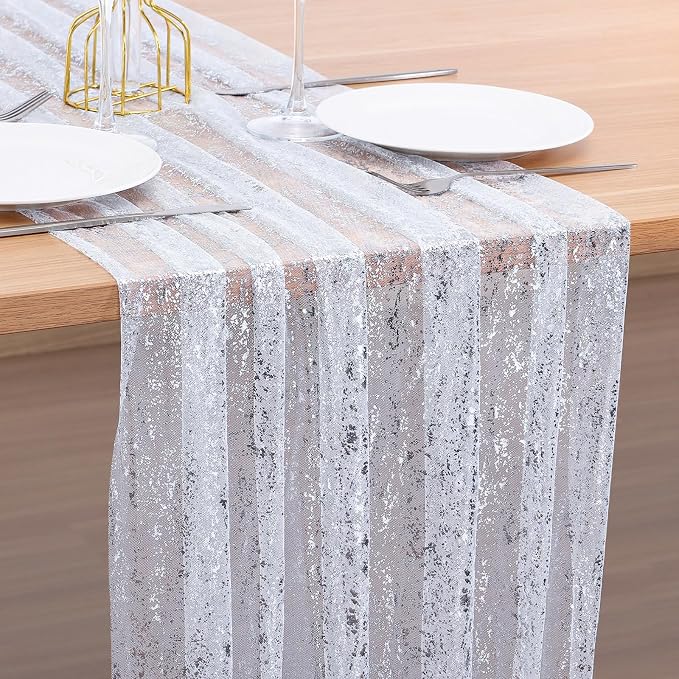 BINBE 1PCS Silver Table Runner 10Ft Sheer Chiffon Fabric Cheesecloth Sequin Glitter Table Runner for Wedding Birthday Party Decor