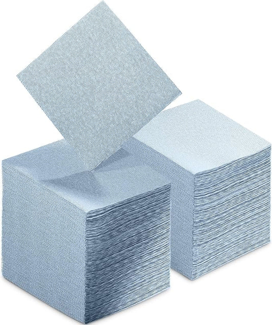 Disposable Cloth-Like Cocktail Napkins, 200 Pack 10" x 10" Linen-Feel Blue Denim Beverage Paper Napkins For Bar, Café, Wedding Or Party