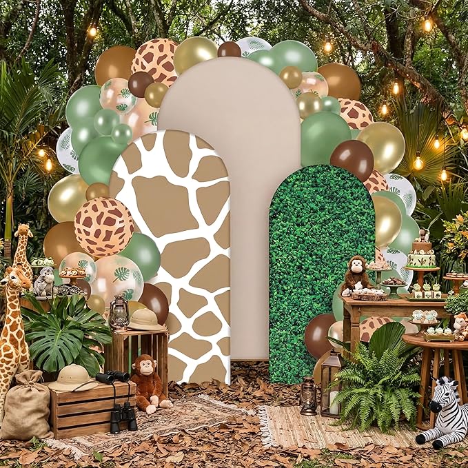 Foilswirl 34 Pieces Jungle Safari Party Decorations 4ft 5ft 6ft Safari Arch Backdrop Cover Jungle Arch Cover Green Leaves Backdrop Green Brown Khaki Balloons for Wildlife Birthday Party Decor