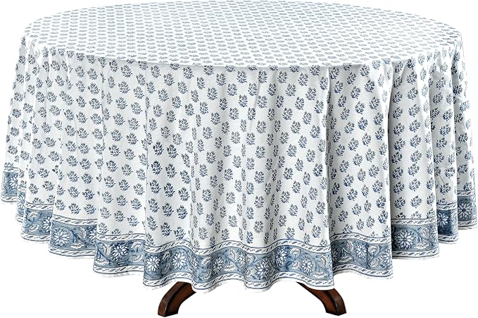 Ridhi Round Tablecloth Hand Block Print 100% Cotton Reusable Sky Beau Blue 120 Inch Table Cover Decorative Everyday Use for Dining, Home, Party, Wedding, Farmhouse, Party Gift for Spring, Mother's Day