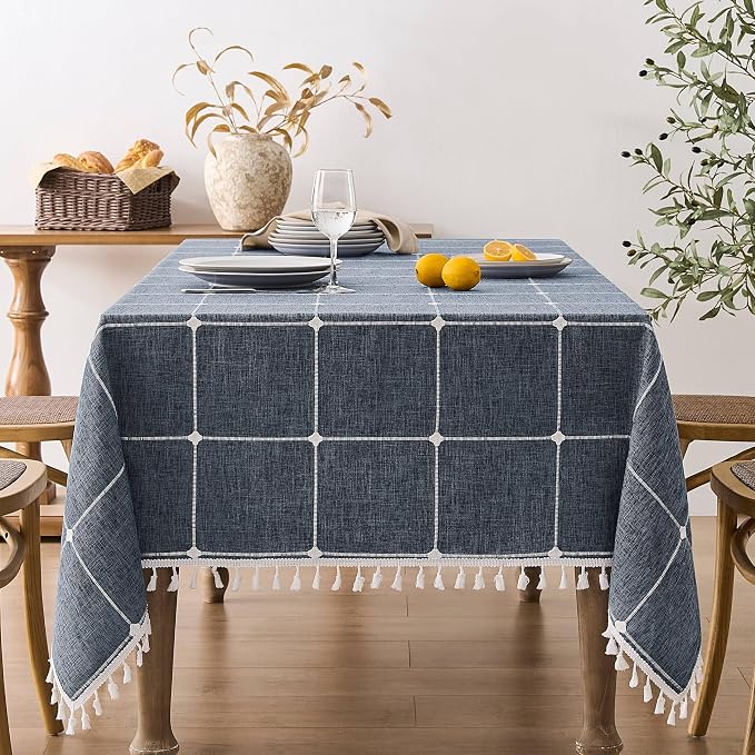 ZeeMart Boho Grid Table Cloth with Tassels (Navy Blue, 52" x 70"), Heavy Weight Linen Checked Embroidered Farmhouse Tablecloth, Water Resistant Rectangle Dark Blue Tablecloths