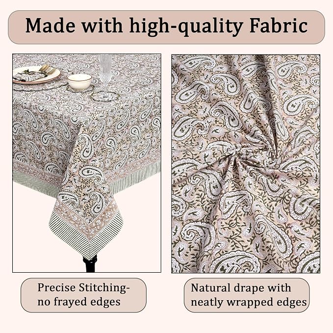 Ridhi Royal Beige Hand Block Print Cotton Rectangle Tablecloth 118" x 70" inches Reusable Table Cover Decorative Everyday Use for Dining Room, Farmhouse, Home Gift for Spring, Mother's Day