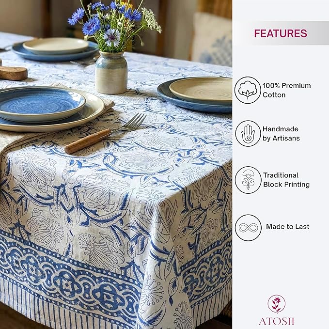 ATOSII ‘Santorini’ 100% Cotton Fall Tablecloth, Handblock Print Blue Rectangle Table Cloth for Kitchen I Dining Table Linen I Parties Wedding Christmas Thanksgiving I Fall Decor 60 X 90 Inches