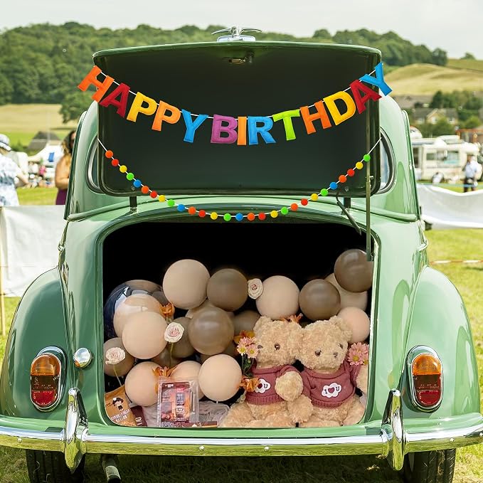 2 PCS Pre-Strung 3D Felt Happy Birthday Banner - Reusable Rainbow Happy Birthday Decorations Sign, Felt Ball Garland, Pom Pom Garland, Party Decor, Photo Prop（Retro Cartoon Color Scheme）