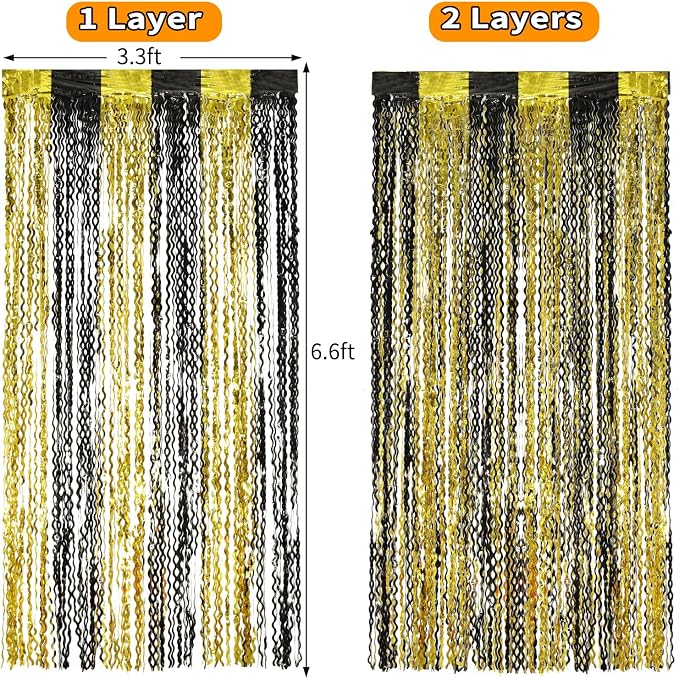 KEEUH 4 Pack Black and Gold Wavy Foil Fringe Curtains Pirthday Decorations,3.3 ft x 6.6 ft Metallic Foil Curtains Streamers for Party Photo Booth Props Background Decoration