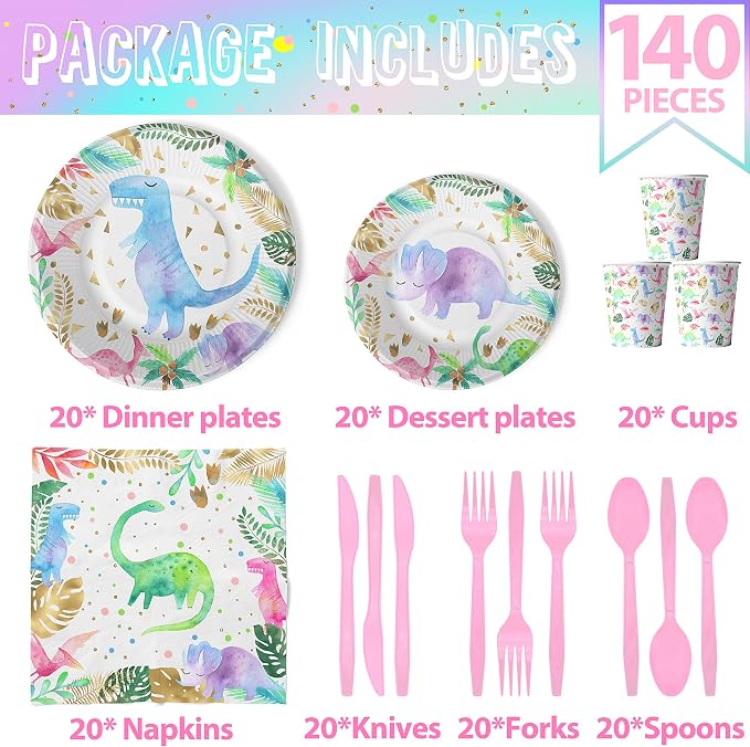 Girl Dinosaur Birthday Decorations - Serves 20 - Pink Dinosaur Birthday Plates and Napkins Set with Cups and Cutlery - Pastel Floral Girl Dinosaur Party Supplies for Three-Rex, 1st 2nd 3rd Birthday