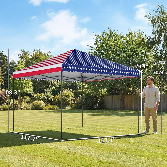 Outsunny 10 x 10 ft Pop Up Canopy Tent with One Push Setup, Easy Setup Outdoor Portable Instant Canopy Shelter with Wheeled Carry Bag, Sandbags, Adjustable Height for Parties, Events, American Flag