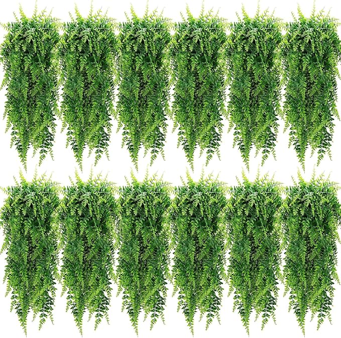 Geosar 12 Pcs Artificial Hanging Plants 32 Inch Hanging Boston Ferns Plastic Fake Plants for Wall Room Garden Wedding Garland Indoor Outdoor Decoration, No Basket
