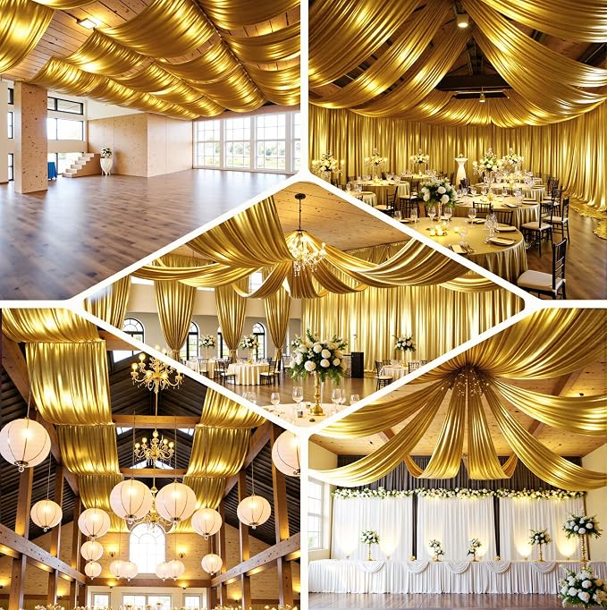 50ftx40ft Gold Ceiling Curtain for Wedding Parties – 10 Panels Wrinkle-Free 40 FT Long Tent Draping Curtains for Wedding, Birthday & Theme Parties, 40ft Height with Rod Pocket