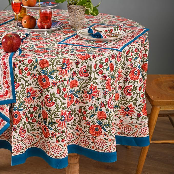Hand Block Printed Tablecloth – Colorful Floral Print | 100% Cotton | Indian Artisan Handmade Art | Dining Room, Kitchen, Outdoor Décor, (Peach Floral, 4 Napkins, 60 Inches Round)