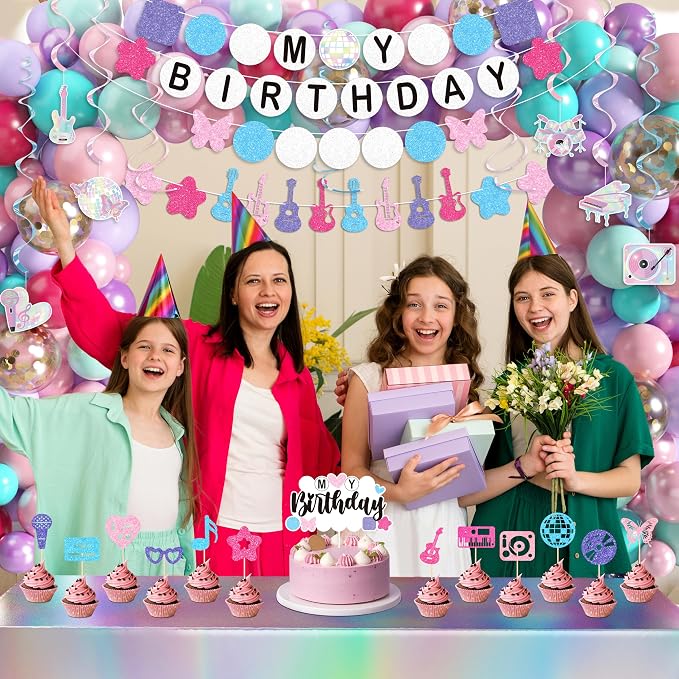 Music Birthday Decorations, Popular Singer Theme Party Supplies for Girls Pink Purple Balloon Arch Friendship Bracelet Garland Backdrop Cake Toppers Hanging Swirls