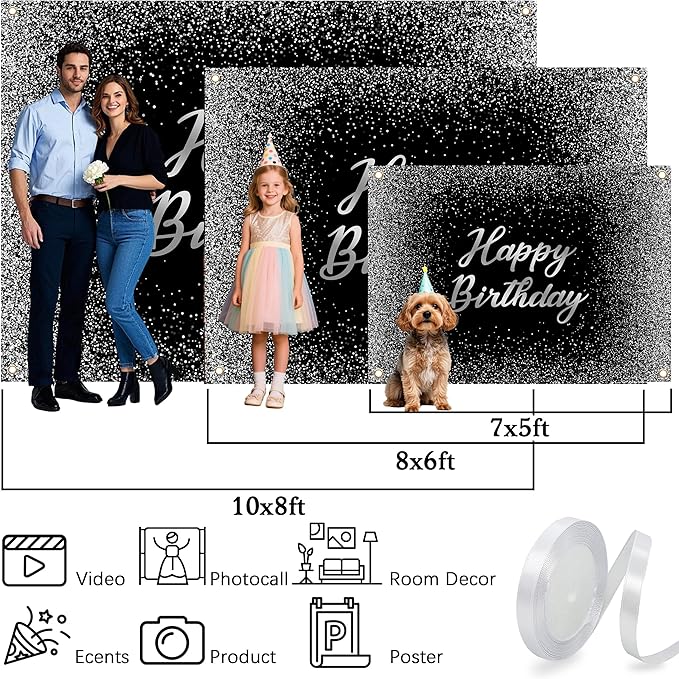 Birthday Photography Backdrop 10 x 8 ft Black and Silver Glitter Spots Happy Birthday Background Sign Cake Table Decorations Banner for Women Men Adults Kids Birthday Party Supplies