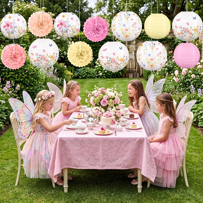 Renbuzhu 13PCS Wildflower Party Decorations Hanging Paper Lanterns Pom Poms for Baby in Bloom Baby Shower Fairy Birthday Tea Garden Spring Home Indoor Outdoor