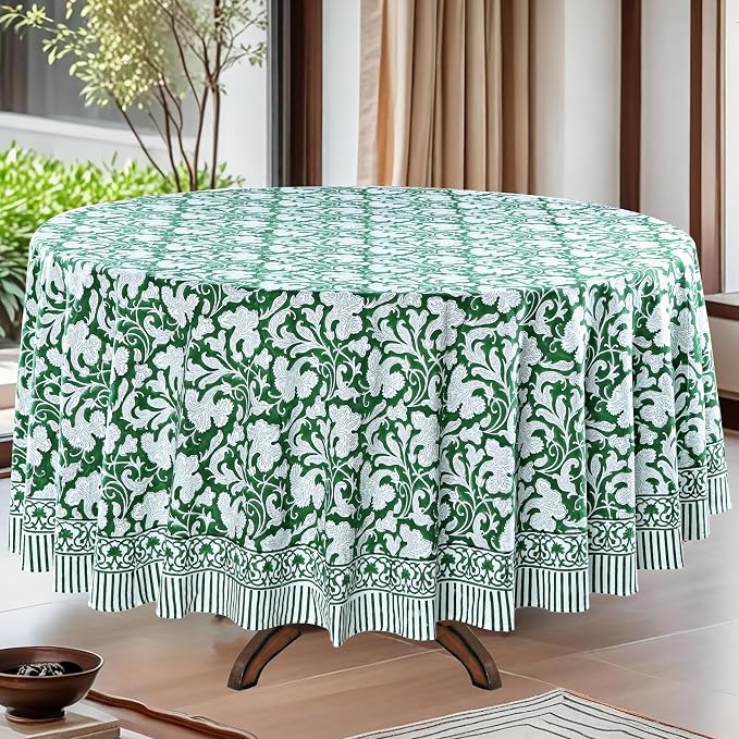 Ridhi Round Tablecloth Hand Block Print 100% Cotton Reusable Pantone Artichoke 120 Inch Table Cover Decorative Everyday Use for Dining, Home, Party, Wedding, Farmhouse Gift for Spring, Mother's Day