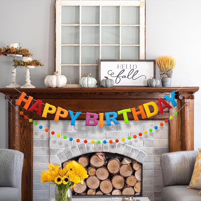 2 PCS Pre-Strung 3D Felt Happy Birthday Banner - Reusable Rainbow Happy Birthday Decorations Sign, Felt Ball Garland, Pom Pom Garland, Party Decor, Photo Prop（Retro Cartoon Color Scheme）
