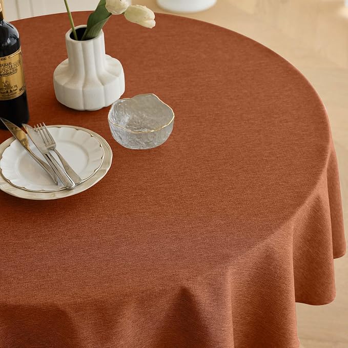Decorelia Waterproof Round Tablecloth for Round Dining Table, Decorative Rustic Soft Table Cloths Cover Farmhouse Indoor Outdoor Use for Holiday,Wedding,Kitchen, 70 Inch,Round (4-6 Seats),Burnt Orange