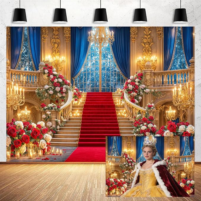 15x10ft Palace Backdrop for Photography, Floral Rose Golden Vintage European Castle Hall Photo Background Luxurious Hotel Chandelier Ballroom Backdrop Wedding Birthday Party Video Party Decorations