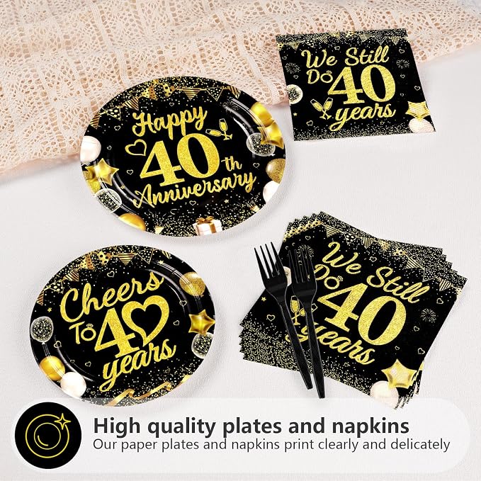 96Pcs 40th Wedding Anniversary Party Supplies Happy 40 Years Anniversary Plates and Napkins Black Gold Wedding Tableware Set for Cheers to 40 Years Party Supplies Serves 24