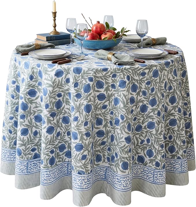 ATOSII Anar Blue 100% Cotton Round Boho Fall Tablecloth, Handblock Floral Table Cloth Linen for Kitchen Dining I Parties Weddings Outdoors Picnics Easter Mothers Day I 90" Inches Round I 6-8 Seater