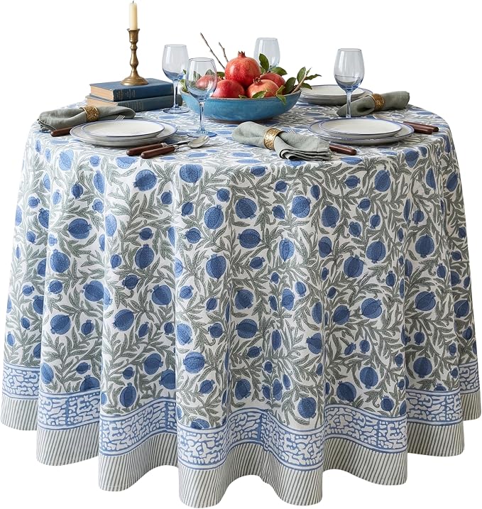 ATOSII Anar Blue 100% Cotton Round Boho Fall Tablecloth, Handblock Floral Table Cloth Linen for Kitchen Dining I Parties Weddings Outdoors Picnics Easter Mothers Day I 60" Inches Round I 4 Seater