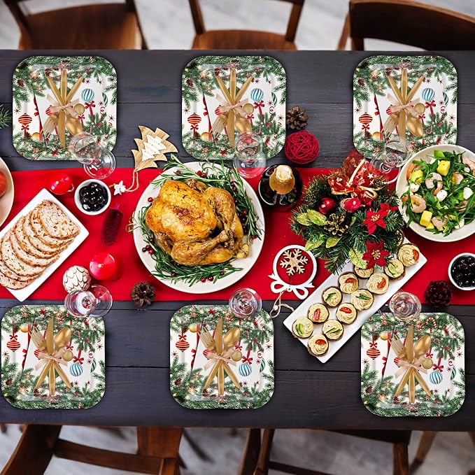 Ziliny 350 Pcs Christmas Party Supplies Christmas Tree Hanging Ball Party Tableware Set Square Paper Plates Disposable Napkins Cups Plastic Cutlery for Xmas Holiday Serves 50 Guests(Xmas Ball)