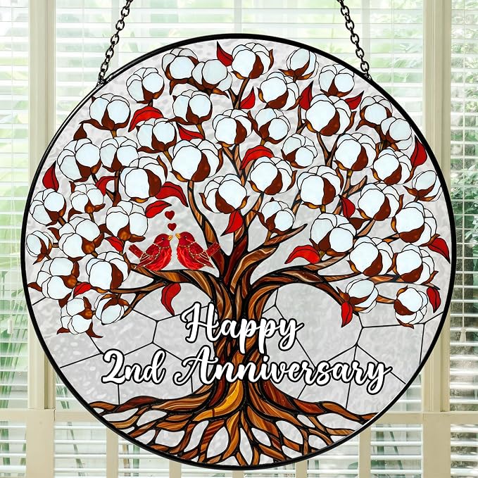 2nd Wedding Anniversary Stained Glass Suncatcher, Cotton Anniversary Wedding Gift, 2nd Anniversary Marriage Gifts for Couples, Wife, Husband or Parents, 2 Year Marriage Celebration