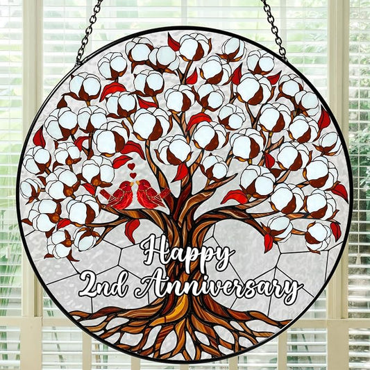 2nd Wedding Anniversary Stained Glass Suncatcher, Cotton Anniversary Wedding Gift, 2nd Anniversary Marriage Gifts for Couples, Wife, Husband or Parents, 2 Year Marriage Celebration