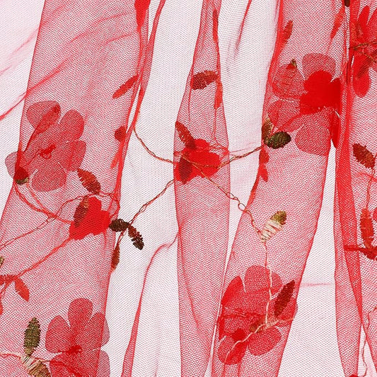 MECCANIXITY 5 Yard Tulle Fabric 175"x51"3D Flower Embroidery Mesh Lace Fabric for DIY Handmade Clothing Wedding Dress Skirt Home Curtain Decoration, Red