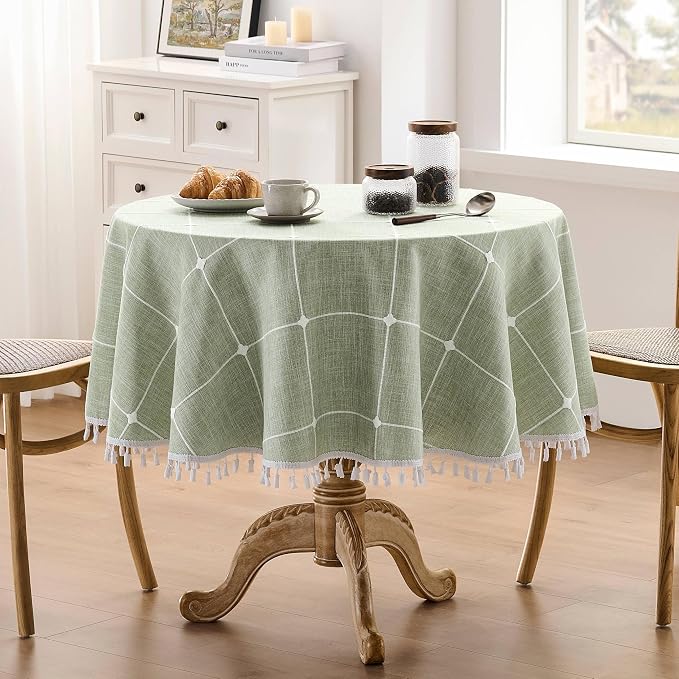 ZeeMart Boho Grid Table Cloth with Tassels (Sage Green, 60" Round), Heavy Weight Linen Checked Embroidered Farmhouse Tablecloth, Water Resistant Round Green Tablecloths