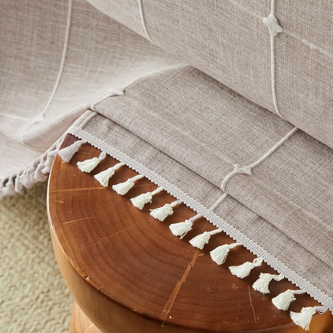 ZeeMart Boho Grid Table Cloth with Tassels (Taupe, 60" x 120"), Heavy Weight Linen Checked Embroidered Farmhouse Tablecloth, Water Resistant Rectangle Beige Tablecloths