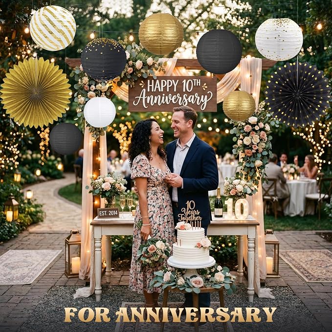 Black and Gold Party Decorations Set with Hanging Paper Lanterns Fans for Graduation Decorations 2026 50th 60th Birthday Wedding Anniversary New Year Eve Baby Shower
