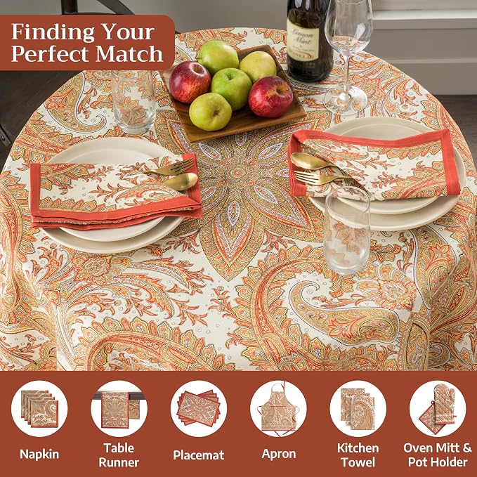 Maison d' Hermine Table Cloth Round Table 100% Cotton 63 Inches Fall Tablecloth Reusable Everyday Use for Thanksgiving Christmas Decorations Dining Farmhouse Party (Kashmir Paisley)