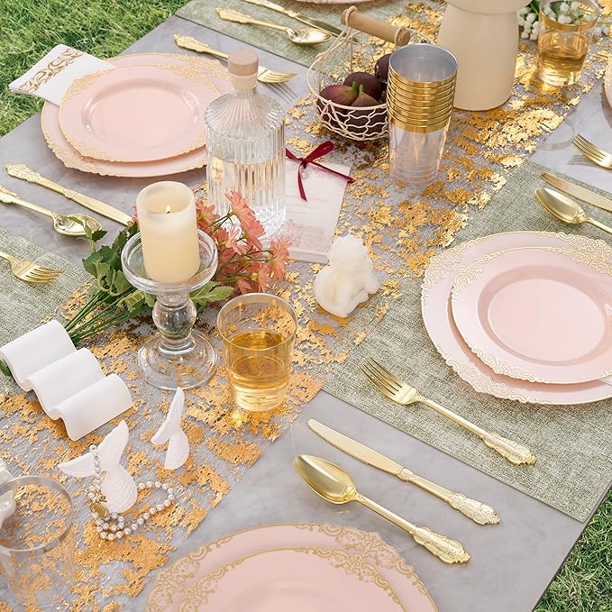 Fijinhom 350pcs Pink Plastic Plates, Elegant Disposable Dinnerware Set, 125 Pieces, White and Gold, Plates, Cups, Cutlery and Napkins (Pink, 50 Guests)