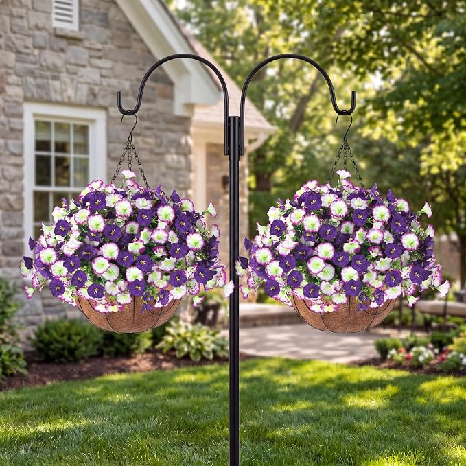 Artificial Flowers for Outdoors with Baskets Hanging Plant Faux Flowers UV Resistant Fake Silk Morning Glory with Eucalyptus for Planter Porch Garden Home Spring Summer Decoration(Gradient Purple)