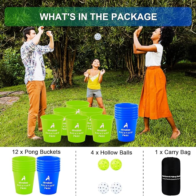 Aivalas Yard Pong Outdoor Games Glow Set in Dark, Giant Yard Pong Game for Adults and Family with 12 Buckets, 4 Balls and a Carrying Bag, Giant Pong for Beach, Camping, Lawn and Backyard