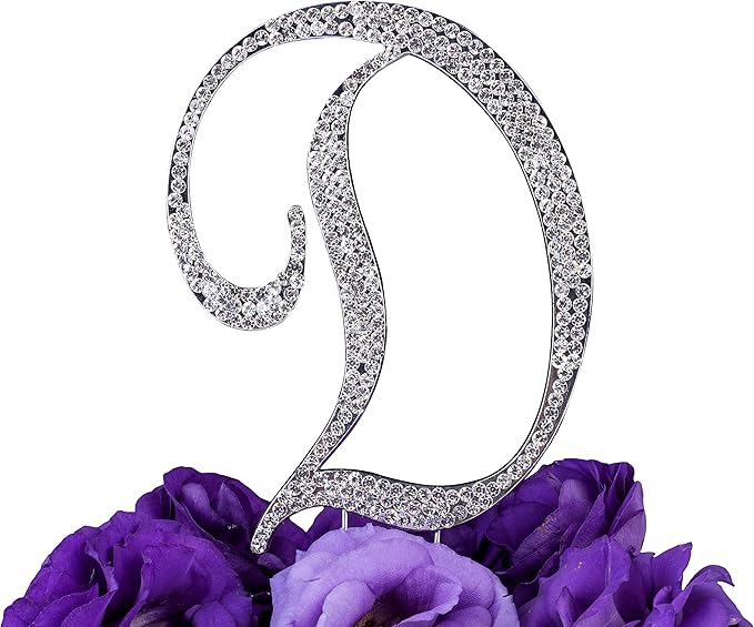 LOVENJOY Gift-Boxed Rhinestone Monogram Cake Topper Letter D Silver
