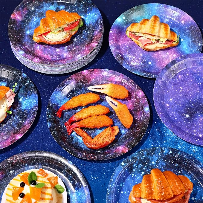 Funnymoom 60 Pcs Galaxy Party Plates 9 Inch Astronaut Outer Space Paper Plates Starry Night Sky Birthday Party Supplies for Baby Shower Galaxy Planet Decoration