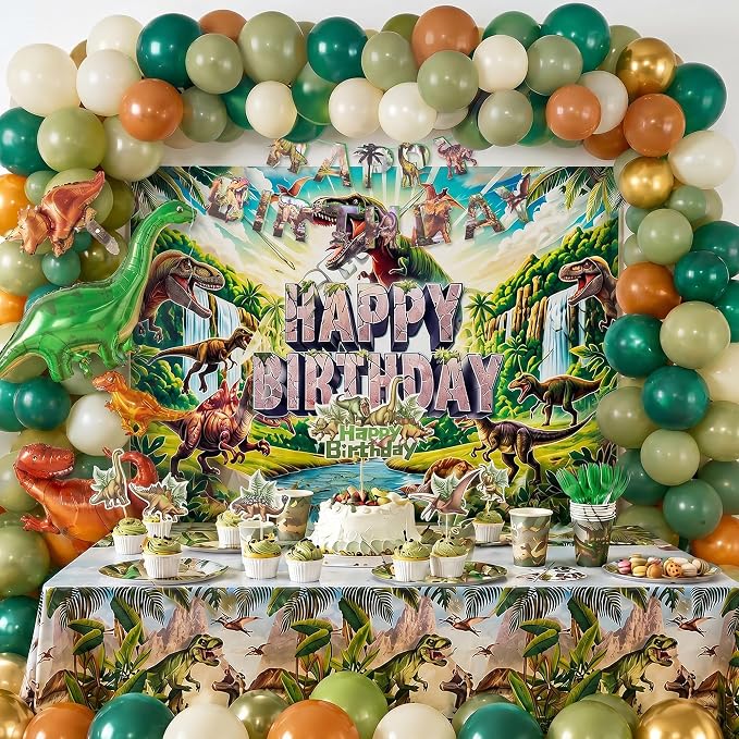 Dinosaur Birthday Decorations for Boys, 150 PCS Jurassic Dino Party Supplies with Backdrop, Dinosaur Balloons, Banner, Tablecloth, Cake Toppers & Stickers