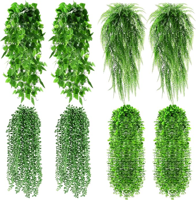 Daifunli 8 Pcs Artificial Hanging Plants Fake Hanging Ferns Plastic Faux Plants for Wall Room Garden Garland Indoor Outdoor Decor No Basket (Boston,Eucalyptus,Ivy Vine,String of Pearls)