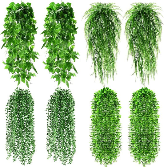 Daifunli 8 Pcs Artificial Hanging Plants Fake Hanging Ferns Plastic Faux Plants for Wall Room Garden Garland Indoor Outdoor Decor No Basket (Boston,Eucalyptus,Ivy Vine,String of Pearls)