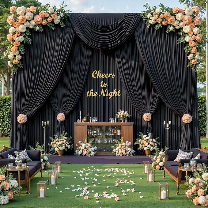 20ftx10ft Wrinkle Free Black Backdrop Curtain for Parties, 4 Panels 5x10ft Silky Polyester Photo Backdrop Drapes Back Drop Cloth Drapery for Wedding Birthday Photography Background Decor