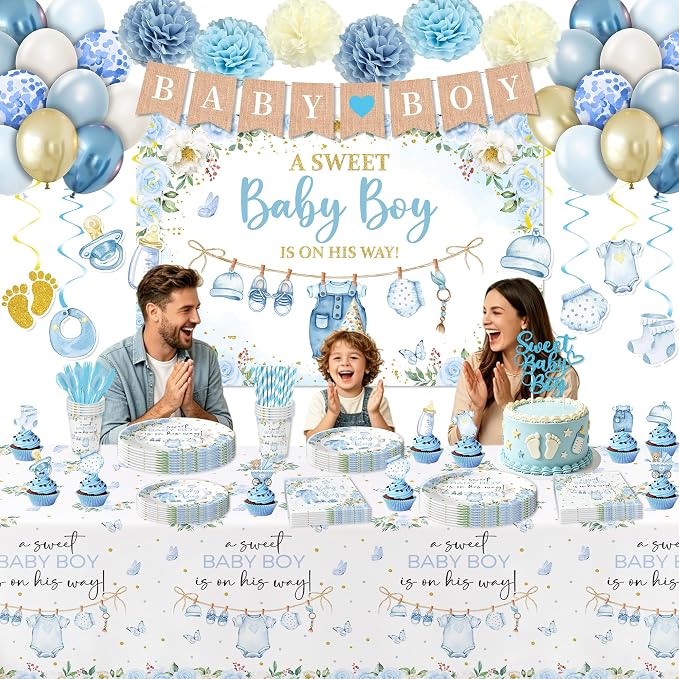 Baby Shower Decorations Boy, Blue Baby Boy Shower Party Supplies | Plate, Napkin, Cup, Tablecloth, Backdrop, Banner, Swirls, Topper, Balloons, Cutlery, All Packages in Gift Box for 24 Guests