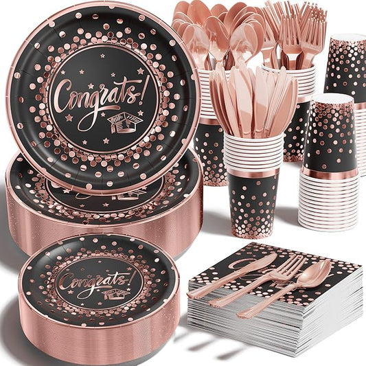 Ecomore 2026 Graduation Party Decoration - 350 PCS Black Pink Rose Gold Grad Supplies Disposable Dinnerware (Severs 50) w/Paper Plates Napkin Cup Plastic Cutlery for College High School Class of 2026