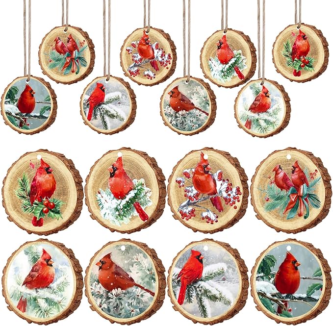 16 PCS Christmas Wood Ornaments Red Birds Hanging Wood Decor Holiday Wooden Slice Ornaments with Hemp Rope for Xmas Tree Centerpieces DIY Crafts Memorial Gifts