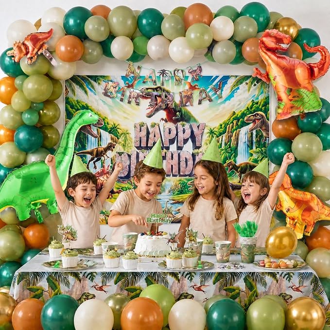Dinosaur Birthday Decorations for Boys, 150 PCS Jurassic Dino Party Supplies with Backdrop, Dinosaur Balloons, Banner, Tablecloth, Cake Toppers & Stickers