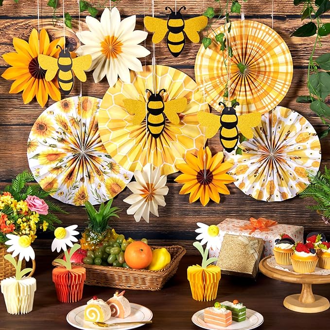 PAPER JAZZ Sunflower Paper Fan,Sunflower Party Decoration Hanging for Wall Sun Flower Paper Garlard with Bumble Bee Baby Shower for Yellow Birthday Party Bulletin Board Classroom